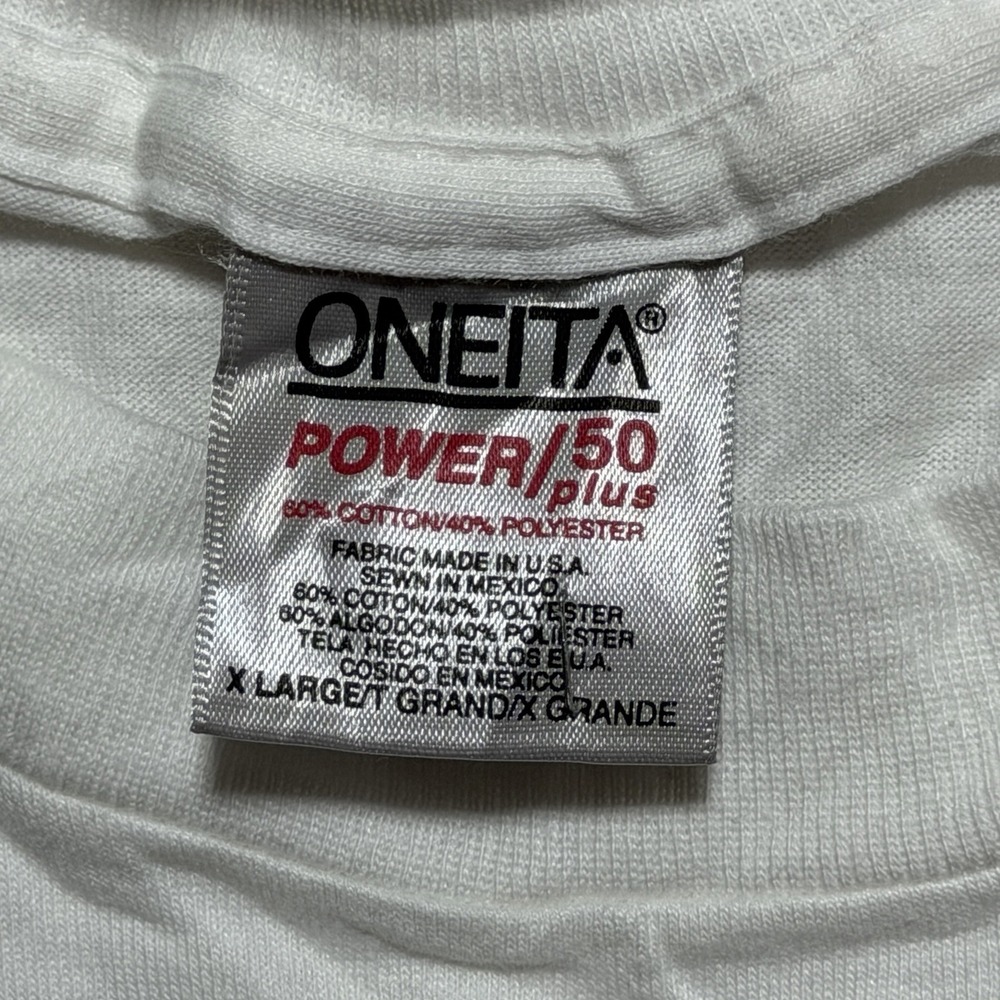 Vintage 90s Oneita JUST Neon Parody Graphic Tee XL White Pink Green Stars - Picture 8 of 10